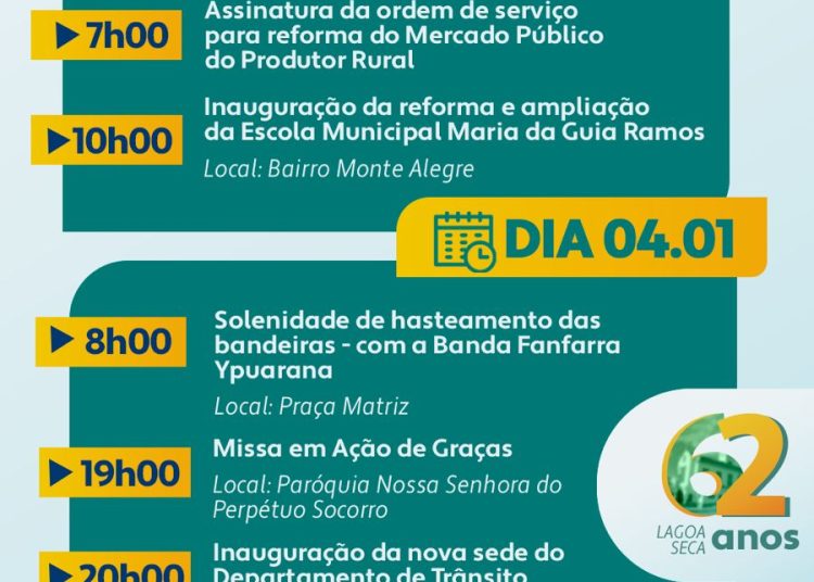 62 anos: Prefeitura de Lagoa Seca divulga programação festiva alusiva à emancipação política 62 anos: Prefeitura de Lagoa Seca divulga programação festiva alusiva à emancipação política