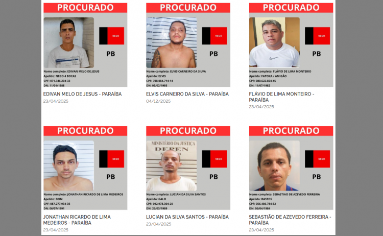 Governo Federal divulga lista dos foragidos mais perigosos da PB Governo Federal divulga lista dos foragidos mais perigosos da PB
