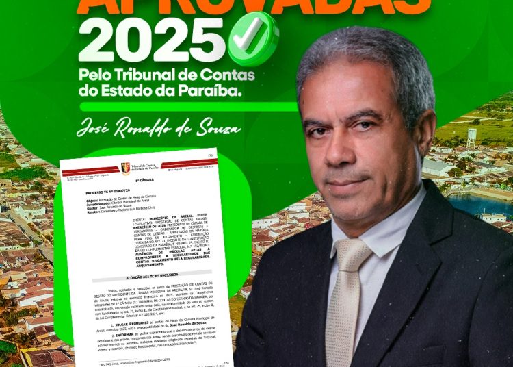 Presidente da Câmara de Areial, José Ronaldo de Souza, comemora aprovação das contas de 2025 pelo TCE-PB